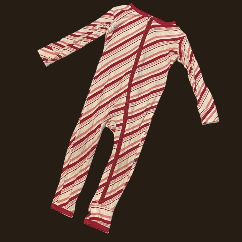 size 12-18 Kickee Pants zippy coverall red striped one piece open bottom zipper